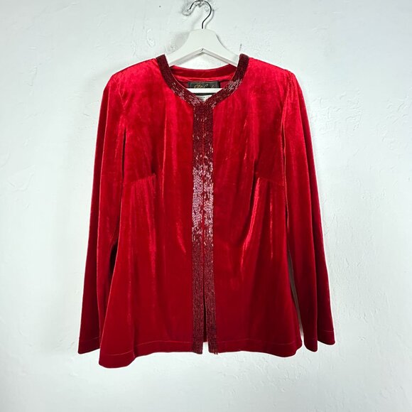 Eletra Casadei Womens Red Velvet Beaded Trim Cardigan Jacket Size Small Stretch - Picture 1 of 7